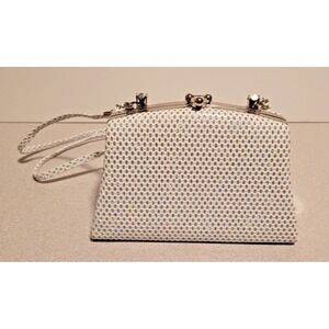 Mini box purse in brocadeWhite/Silver print crossbody With Handle and Body Strap
